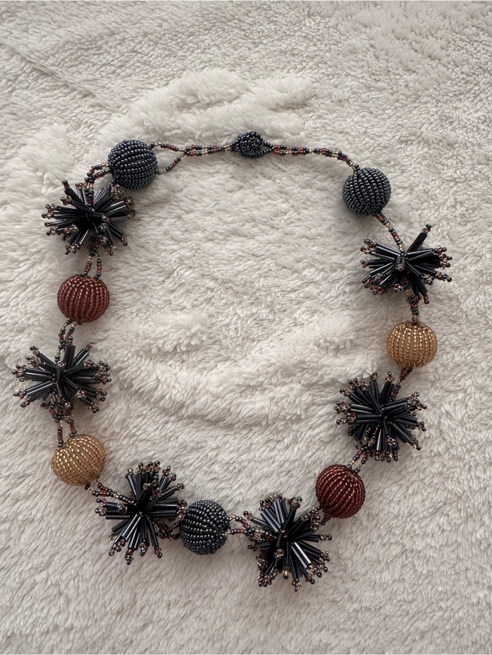 Handmade Beaded Statement Necklace in Black, Gold & Brown